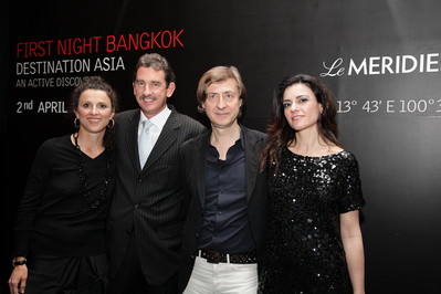 Eva Ziegler, Global Brand Leader for W Hotels Worldwide and Le Meridien, Wayne Buckingham, Regional Vice President for Thailand and Indochina, Jerome Sans, Cultural Curator for Le Meridien and Nathalie Porta, Vice President of Brand Management for LM at the Le Meridien First Night Bangkok event.
